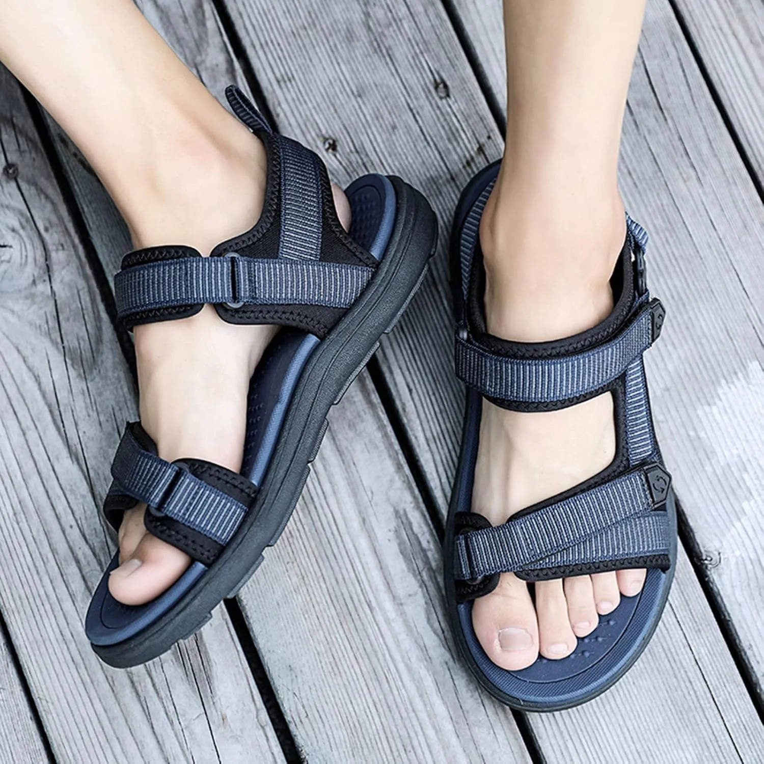Мужские сандалии на низкой платформе, модные и красивые пляжные сандалии, сандалии на мягкой платформе, сандалии из гладкой кожи Generic, синий — фото 2