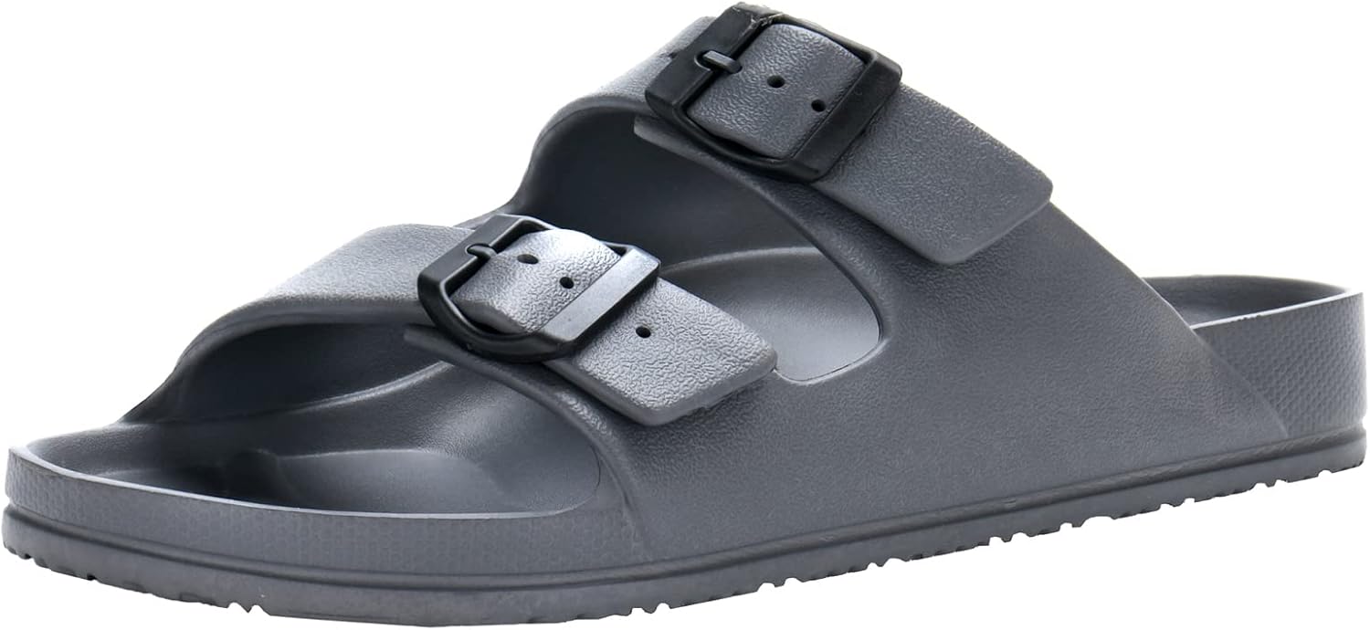 

Мужские шлепанцы Temi, регулируемые, на скольжение, летние пляжные и для бассейна EVA, с двойной пряжкой, легкие, водонепроницаемые, удобные для ванной, домашние плоские тапочки для мужчин, темно-серый