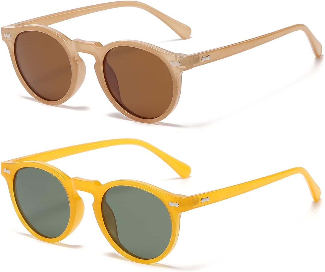 

NIDOVIX Винтажные поляризованные солнцезащитные очки для мужчин и женщин, круглые, в стиле ретро, ​​классические, модные, с защитой от УФ-излучения UV400, Two Pack: (Amber/Brown+yellow/Green)