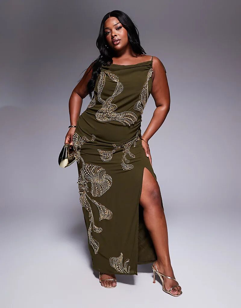 

Платье макси ASOS DESIGN Curve с драпированной юбкой, накладным элементом, заниженной талией и отделкой в цвете хаки Asos Curve