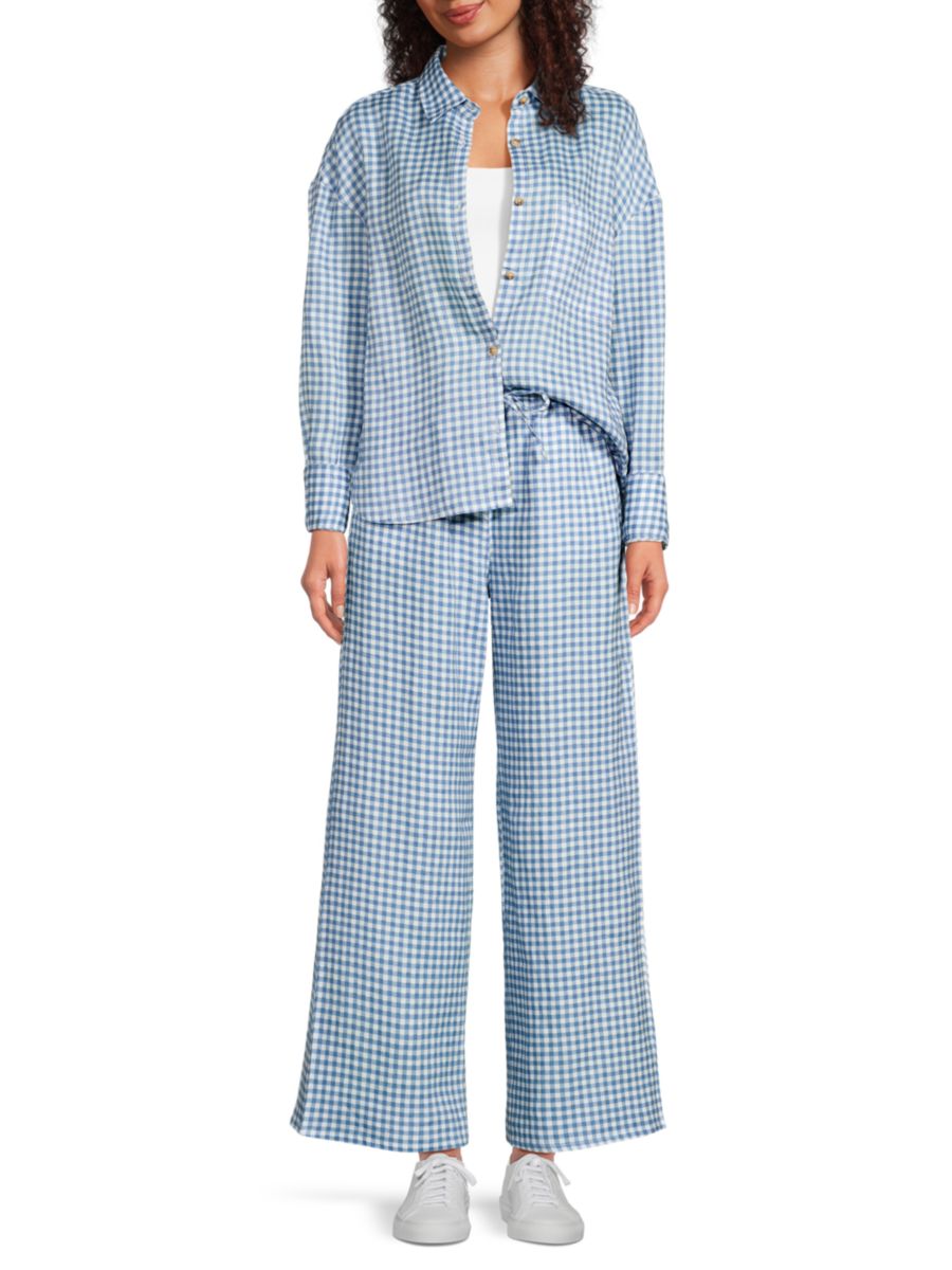 

Брюки в клетку из 100% льна с завязками Saks Fifth Avenue, цвет Gingham Blue
