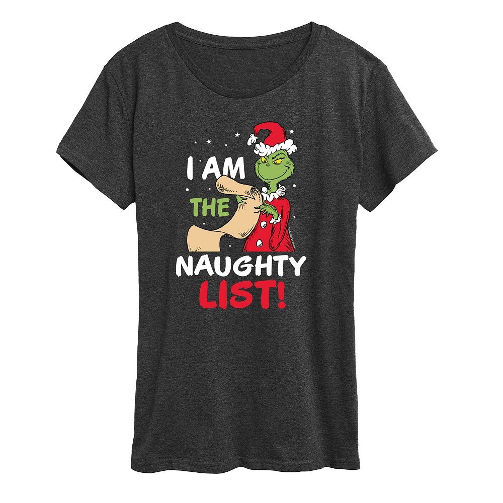 

Женская футболка с рисунком Dr. Seuss The Grinch Naughty List Licensed Character, цвет Heather Charcoal