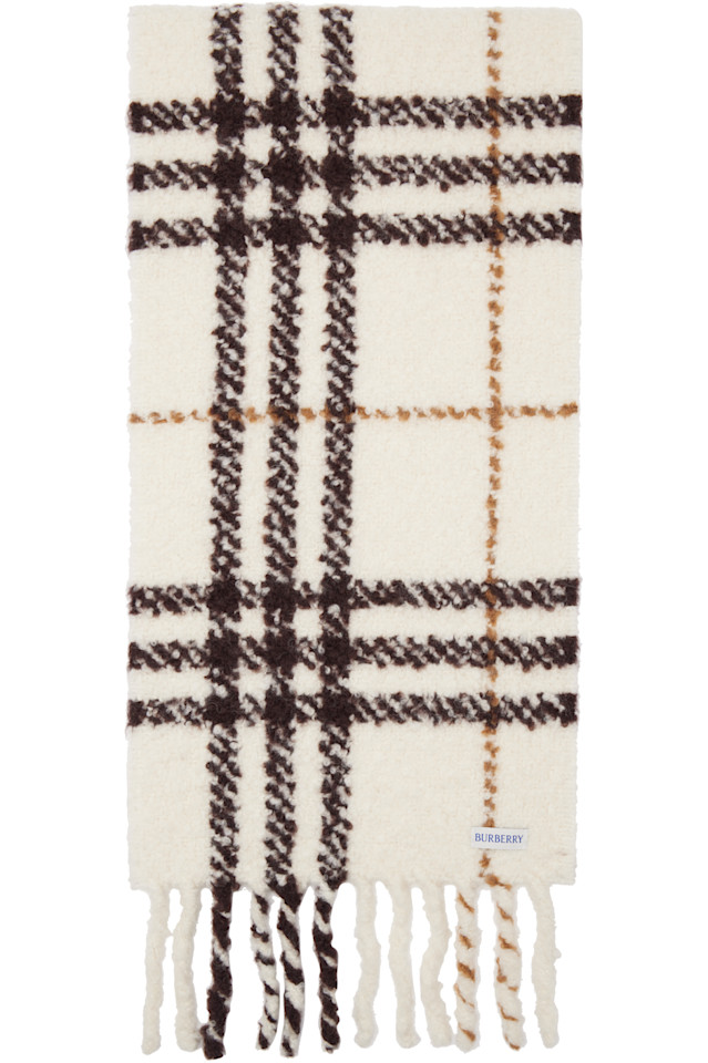 

Burberry Шарф из букле с клетчатым узором цвета слоновой кости, изготовленный из смеси шерсти альпаки