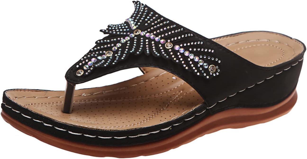 

Ортопедические сандалии с поддержкой свода стопы, женские шлепанцы, элегантные сандалии на танкетке с стразами, удобные платформенные прогулочные сандалии, летние повседневные шлепанцы Generic, черный