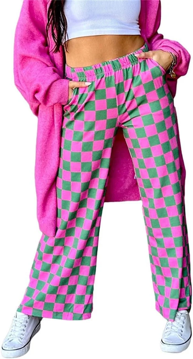 

Melliflo Women Loose Wide Leg Straight Plaid Denim Pants Casual High Waist Checkered Baggy Jeans with Pockets