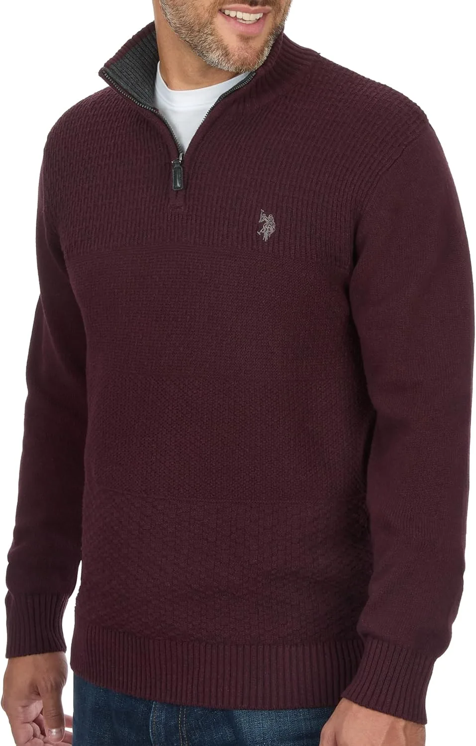 U.S. Polo Assn. мужской свитер с кабельной вязкой и молнией на четверть, Burgundy Heather — фото 2