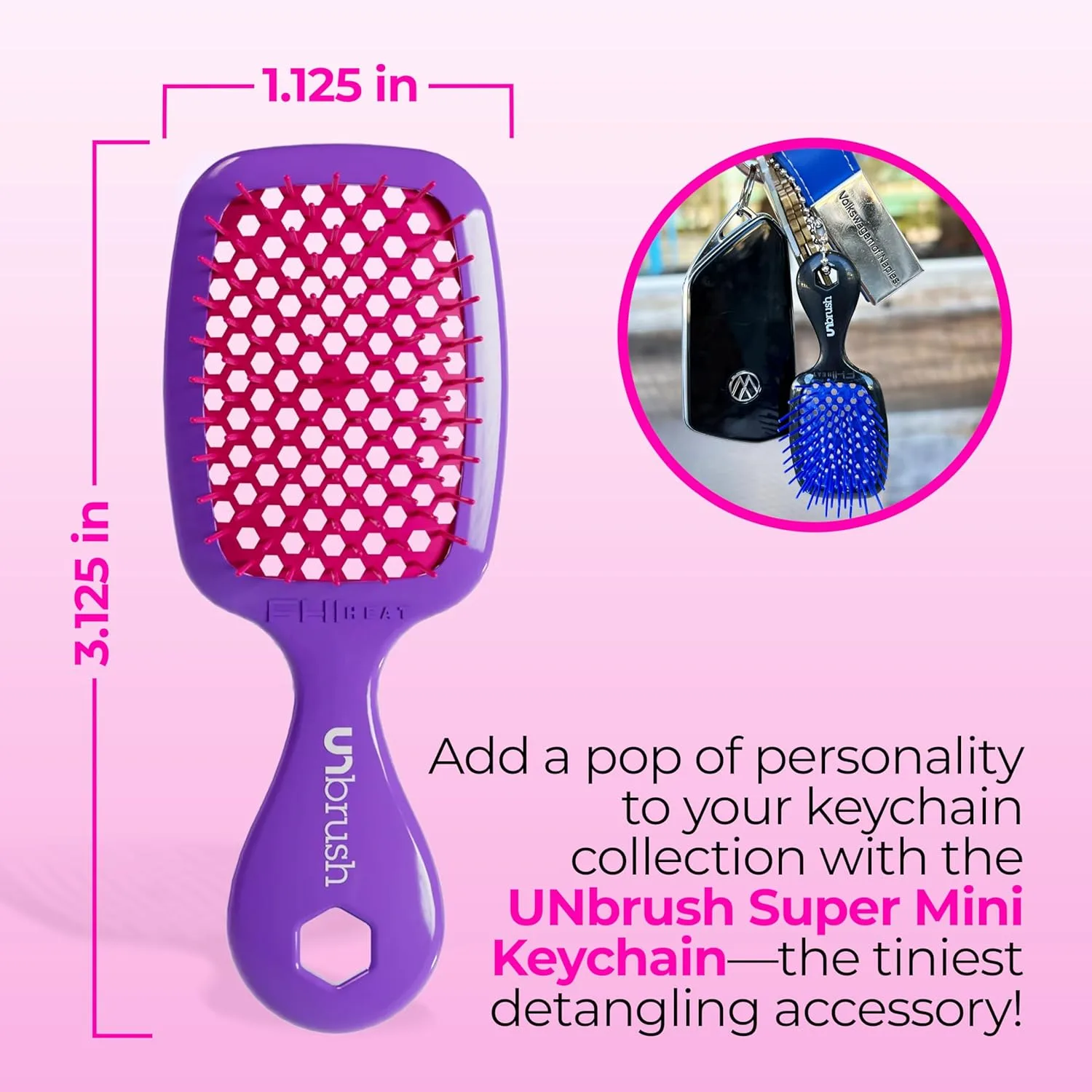 Брелок-расческа FHI Heat UNbrush Super Mini - коллекционный миниатюрный аксессуар для сумок и ключей - для любительниц красоты., Electric Berry — фото 4