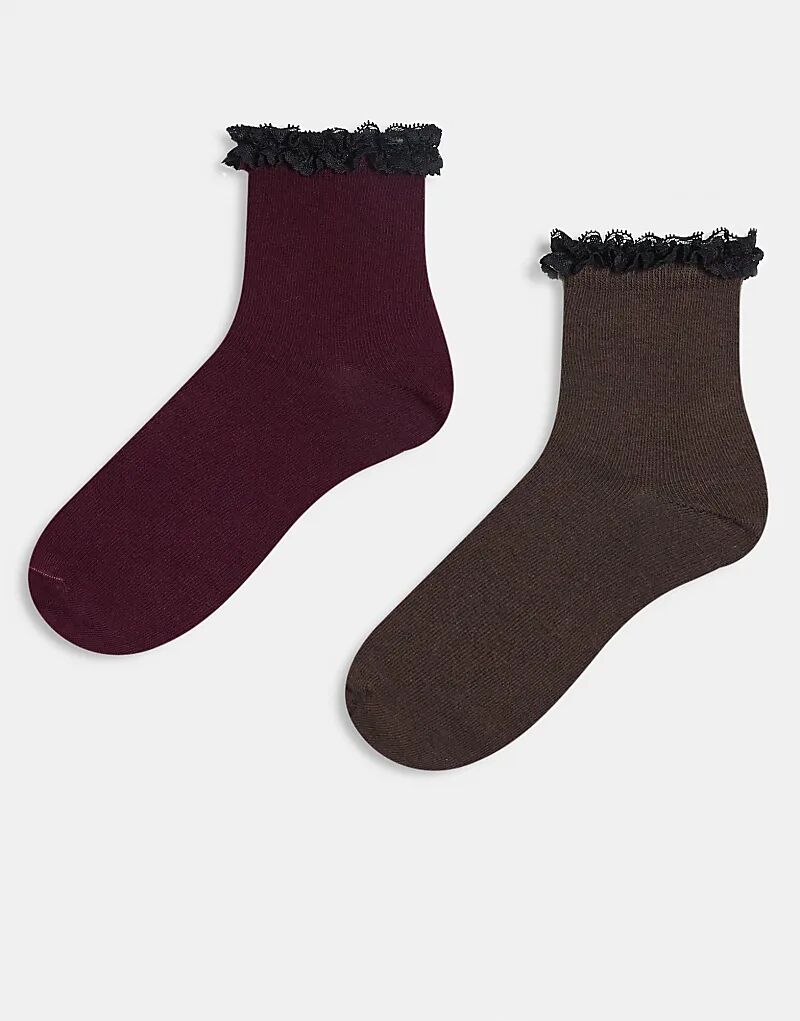 

ASOS DESIGN, 2 Пары носков до щиколотки с оборкой, бордового и шоколадного цветов