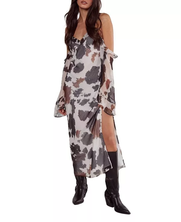 

Платье-Макси с открытыми плечами, косым кроем и разрезом Nasty Gal, коричневый