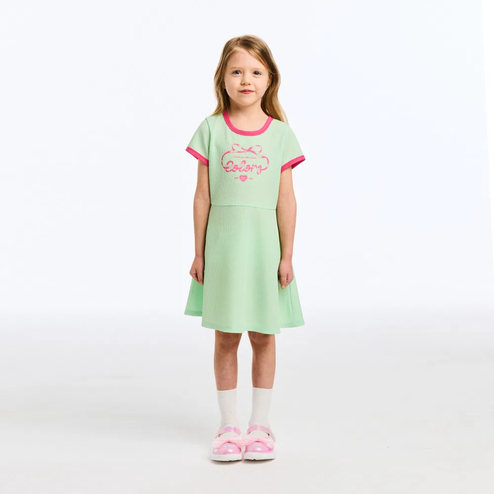 Детское вафельное расклешённое платье жёлто-зелёное от Benetton Kids
