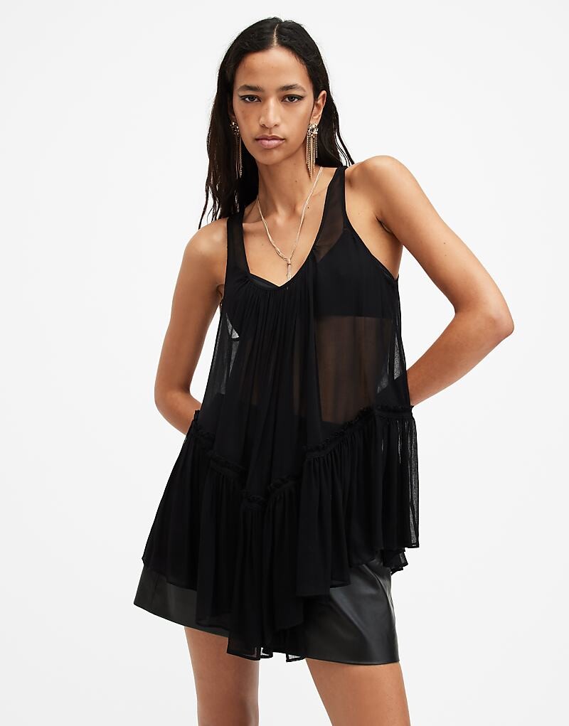 

Черный полупрозрачный топ с рюшами All Saints Rach AllSaints