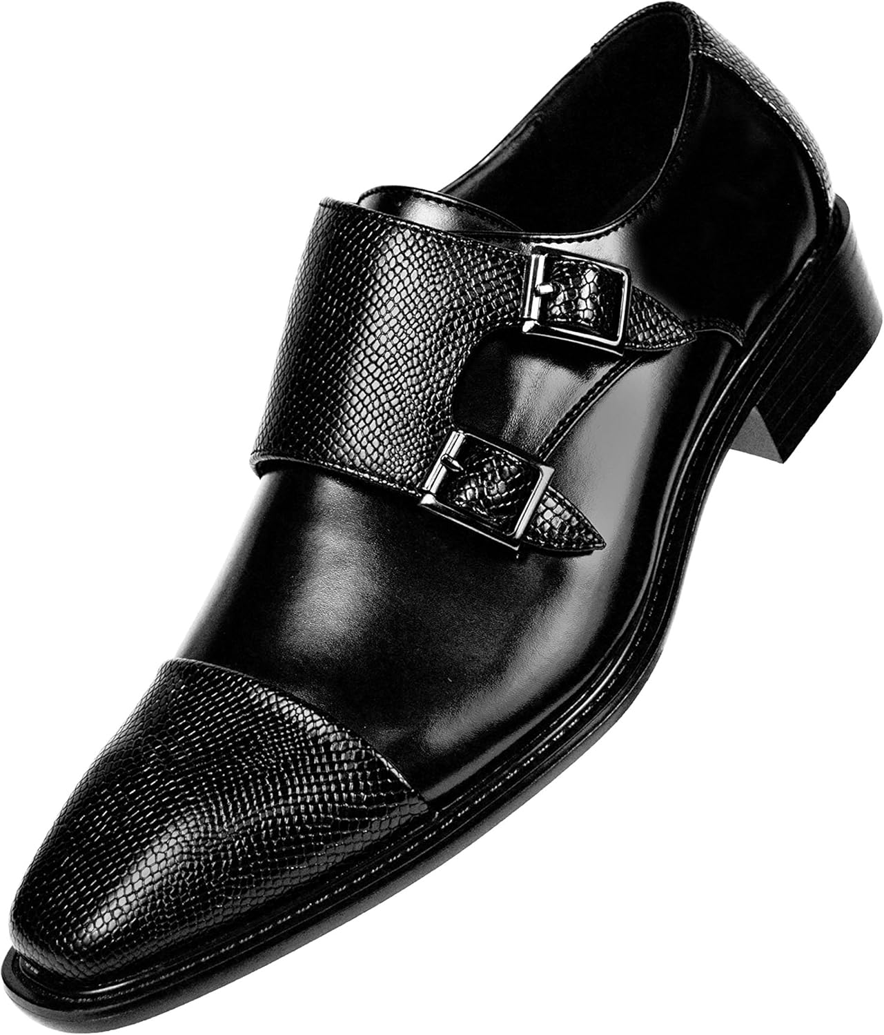 

Мужские туфли с монк-ремнем Bolano Bancroft - туфли без шнуровки для мужчин с тисненным носком - дизайнерские туфли с двойным монк-ремнем, черный