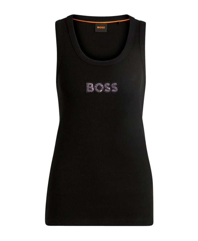 

Майка из хлопка в рубчик с каменным значком Hugo Boss, черный