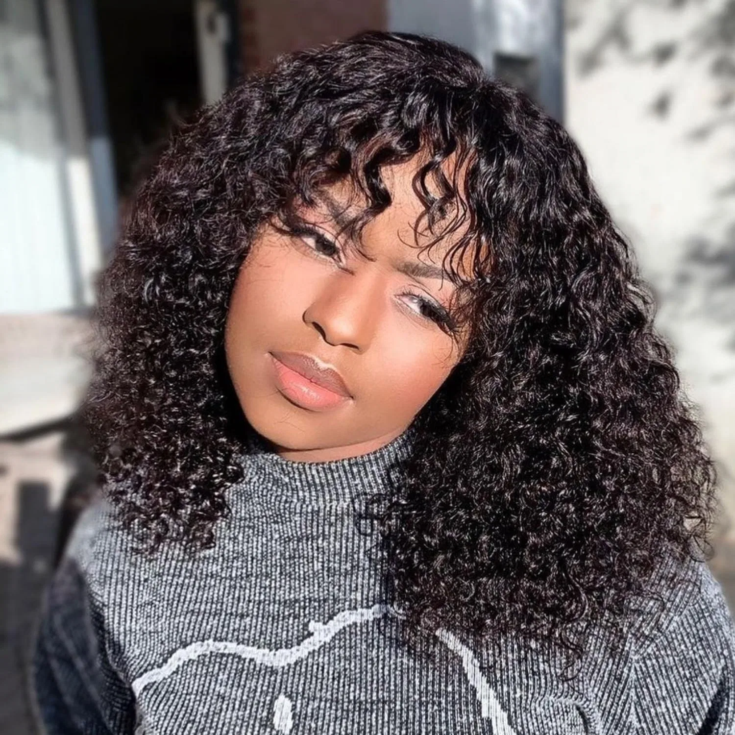 Кудрявый парик из человеческих волос с челкой Glueless Wear and Go Aiqi Hair, Natural Black