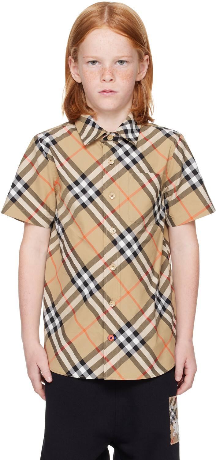 

Детская бежевая клетчатая хлопковая рубашка Burberry, Sand