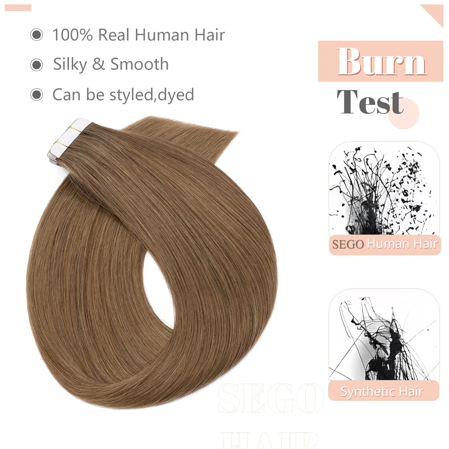 Накладные пряди для наращивания волос, 100% натуральные волосы Remy Sego, Light Brown #6. — фото 2