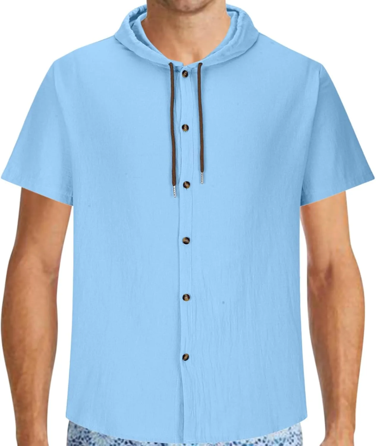 Летние рубашки для мужчин, повседневные свободные рубашки с коротким рукавом, капюшоном, завязками и пуговицами, хлопковые футболки для отдыха, классические рубашки Generic, синий