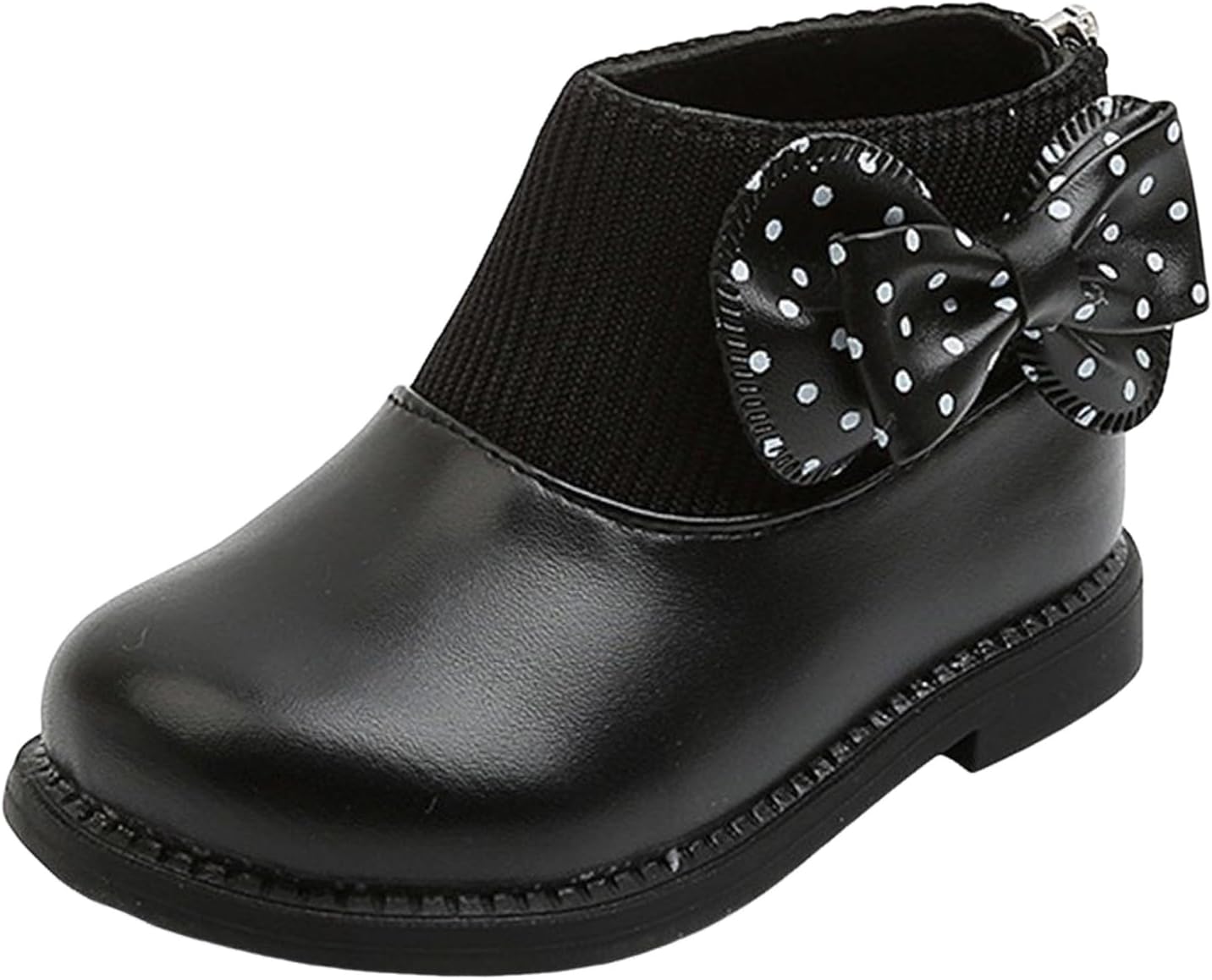 

Детские модные ботильоны для девочек с бантом, кожаные с трикотажной манжетой, круглым носком, массивным каблуком низкой высоты, короткие туфли для детей, нескользящие, водонепроницаемые, удобные для малышей и старших детей Zspzx, черный