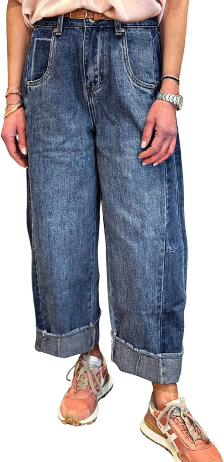 

Джинсы Apvirdy Baggy Cuffed для женщин, High Waist, Button Fly, Stitched Ripped, Wide Leg