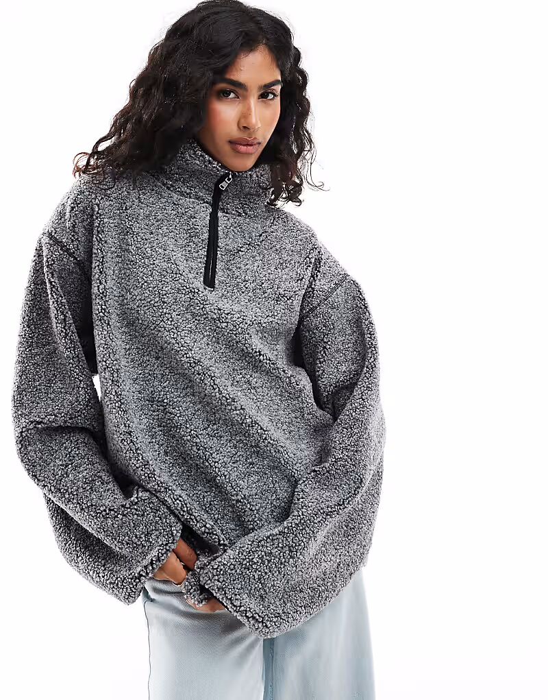 

ASOS DESIGN оверсайз худи на молнии с воротником из флиса в сером меланже