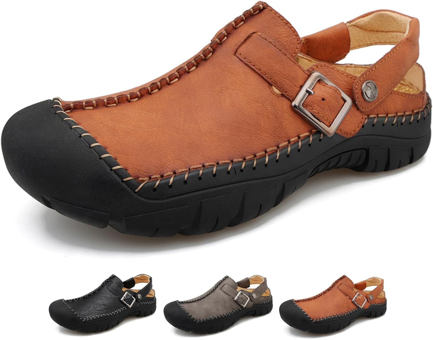 

Мужские кожаные закрытые повседневные сандалии Zeberfi с плоской подошвой, ремешком с пряжкой, летние ручной работы, на быструю носку, противоударным круглым носком, коричневый