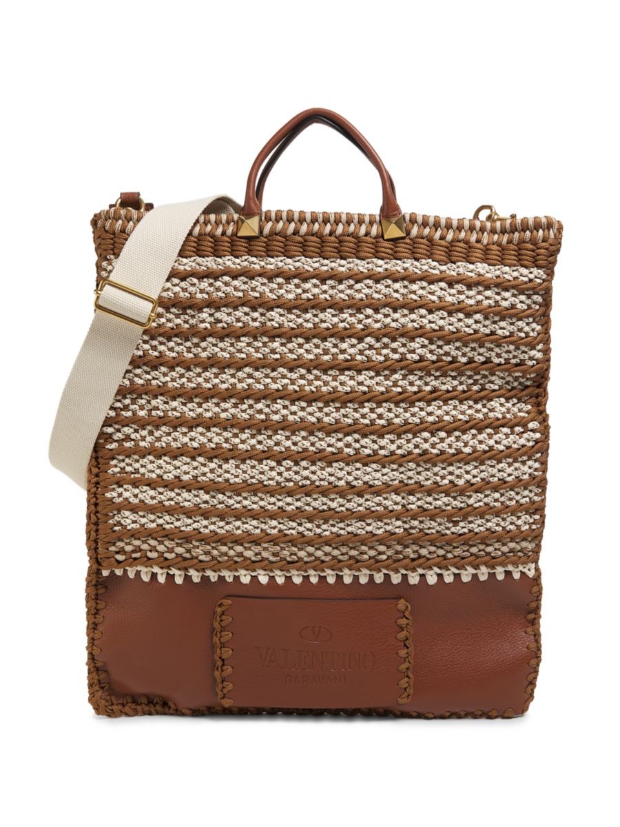

Большая плоская сумка-тоут из плетеного текстиля и кожи Valentino Garavani, цвет Brown Ivory