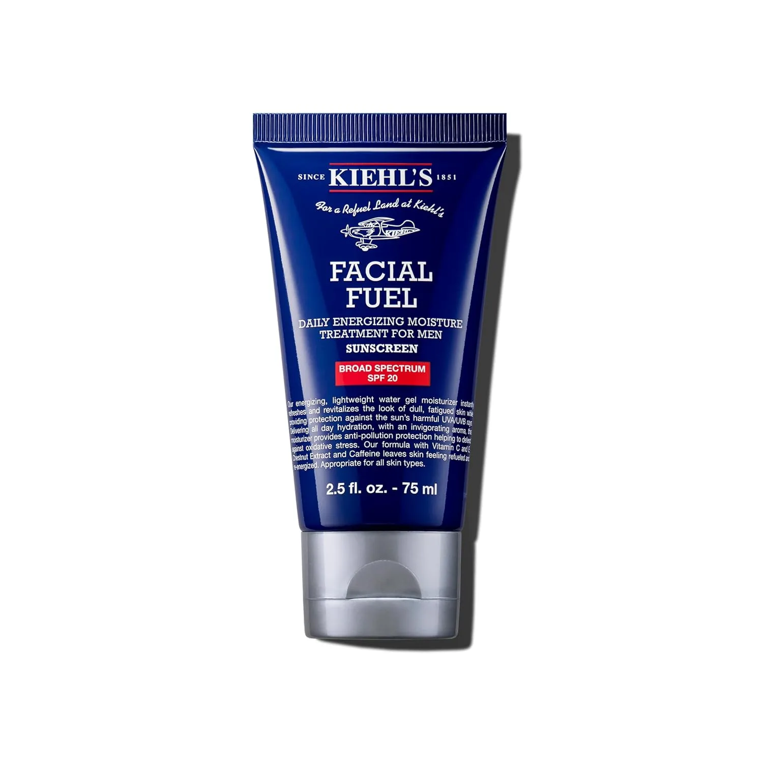 Kiehl's Facial Fuel увлажняющий крем для мужчин с SPF 20, тонизирующий крем для тусклой кожи, нежирная текстура, увлажняющий лосьон и солнцезащитное средство широкого спектра с кофеином, витамином C и E 74 мл / 75 мл