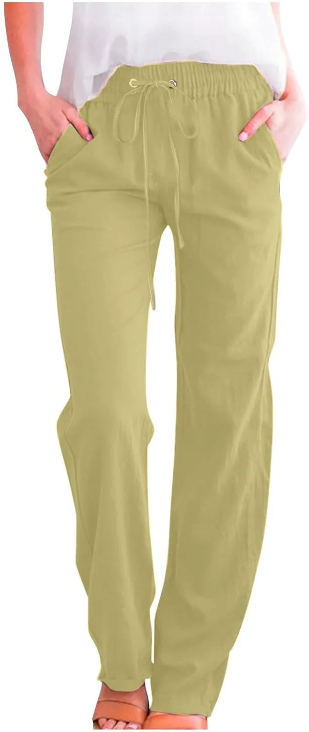 

Женские хлопковые льняные брюки Casual Loose Straight Leg Joggers High Waist с карманом