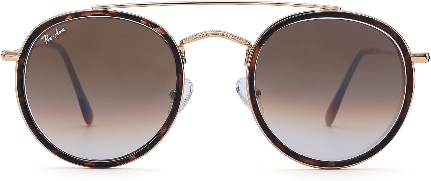 

Солнцезащитные очки Pro Acme Retro Round для женщин и мужчин, 100% настоящие стеклянные линзы, двойная перемычка, круглая форма, защита от УФ-излучения UV400, A7 - Gold/Gradient Brown