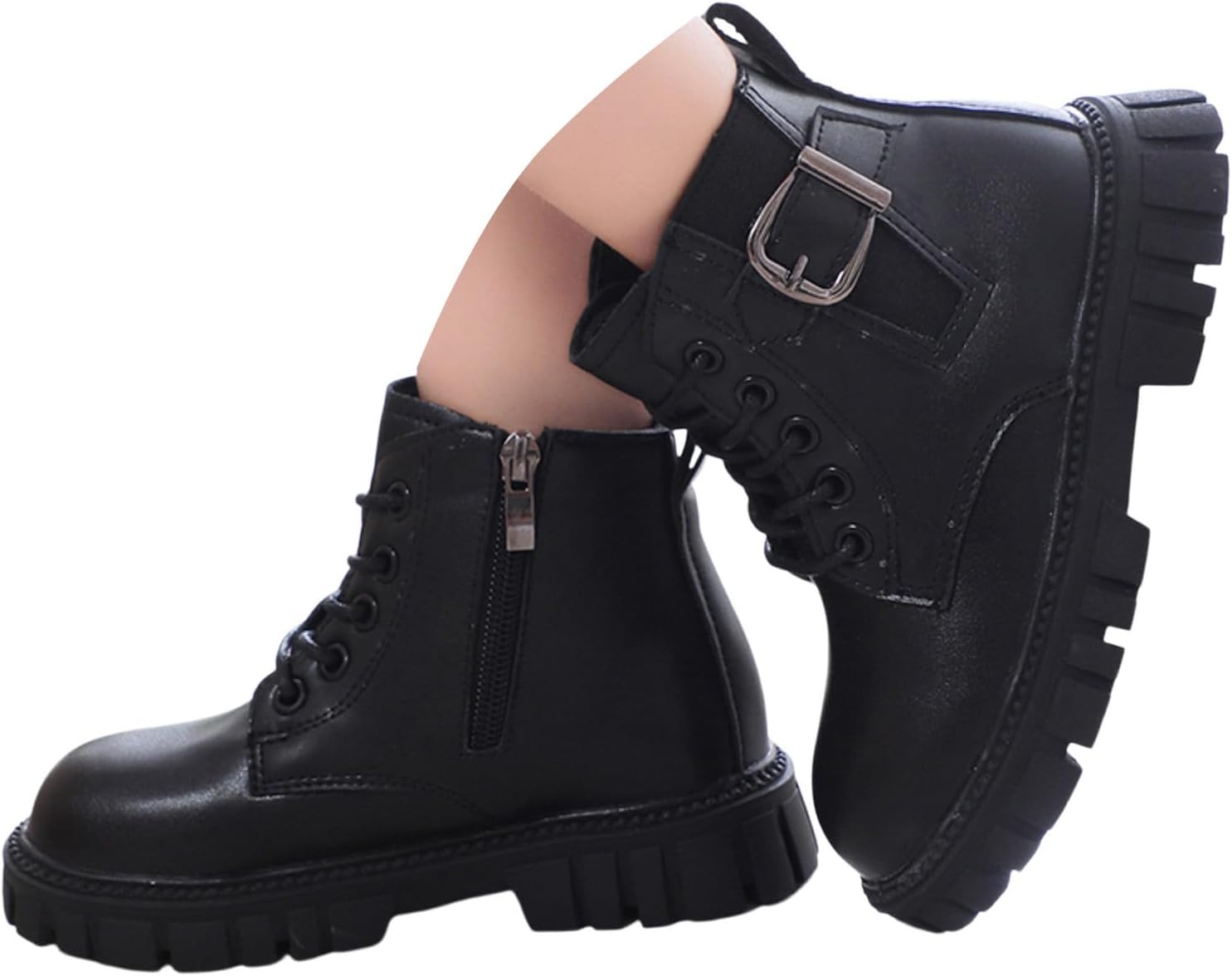 

Девочкам однотонные ботильоны на зиму, модные с боковой молнией, шнуровкой, камуфляжного стиля, удобные короткие ботинки на открытом воздухе, кожаные, для езды, в стиле панк и готика, с рифленой подошвой для маленьких детей Generic, Black