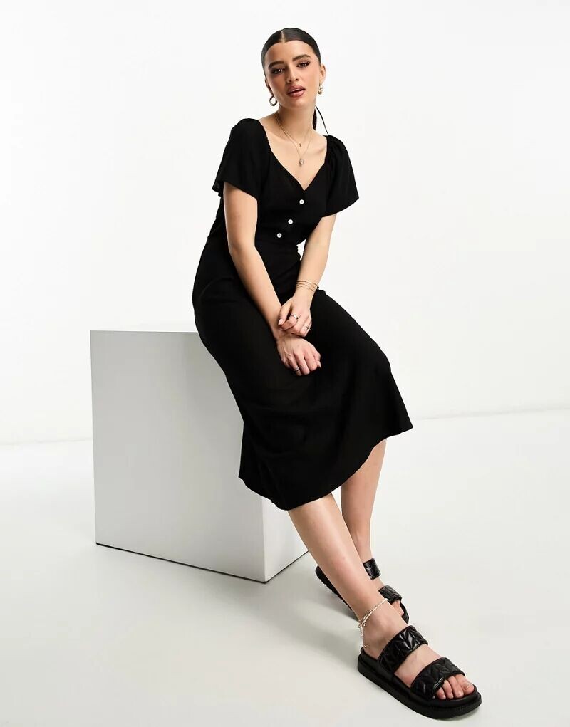 

Черное платье миди Vero Moda из льна с развевающимися рукавами