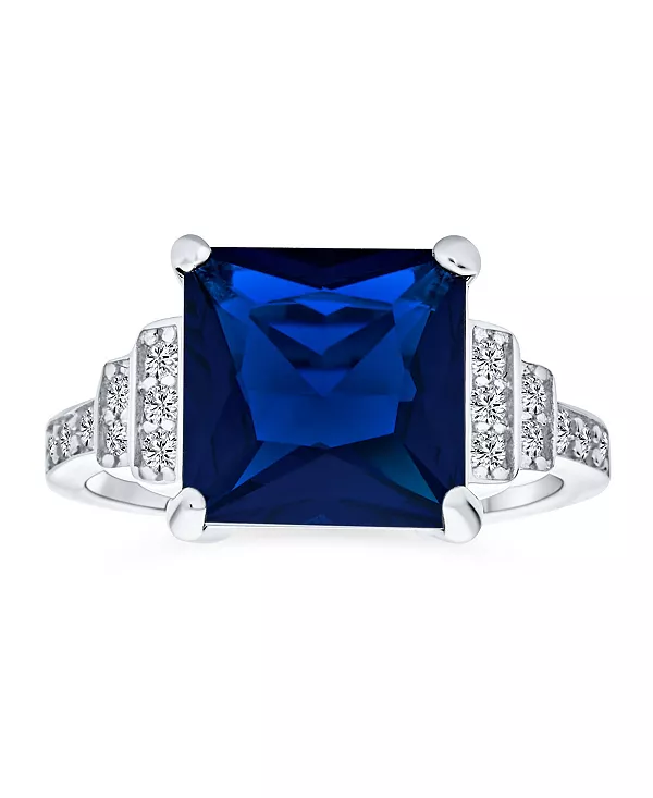 

Кольцо из стерлингового серебра в стиле ар-деко с синими фианитами огранки «принцесса» 5 карат и ступенчатыми боковыми камнями Bling Jewelry, blue