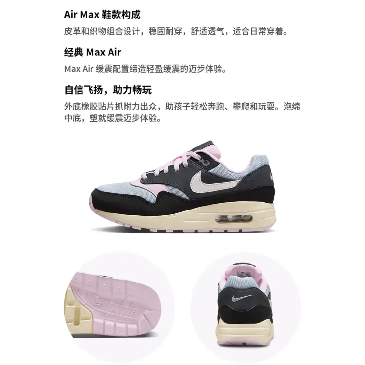 Air Max 1 Антрацитово-розовый Foam GS, кроссовки, кроссовки Nike, розовый/черный — фото 2