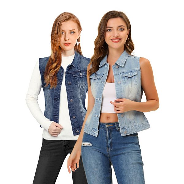 

2 упаковки женский джинсовый жилет с накладными карманами Inspire Chic, Dark Blue Sky Blue