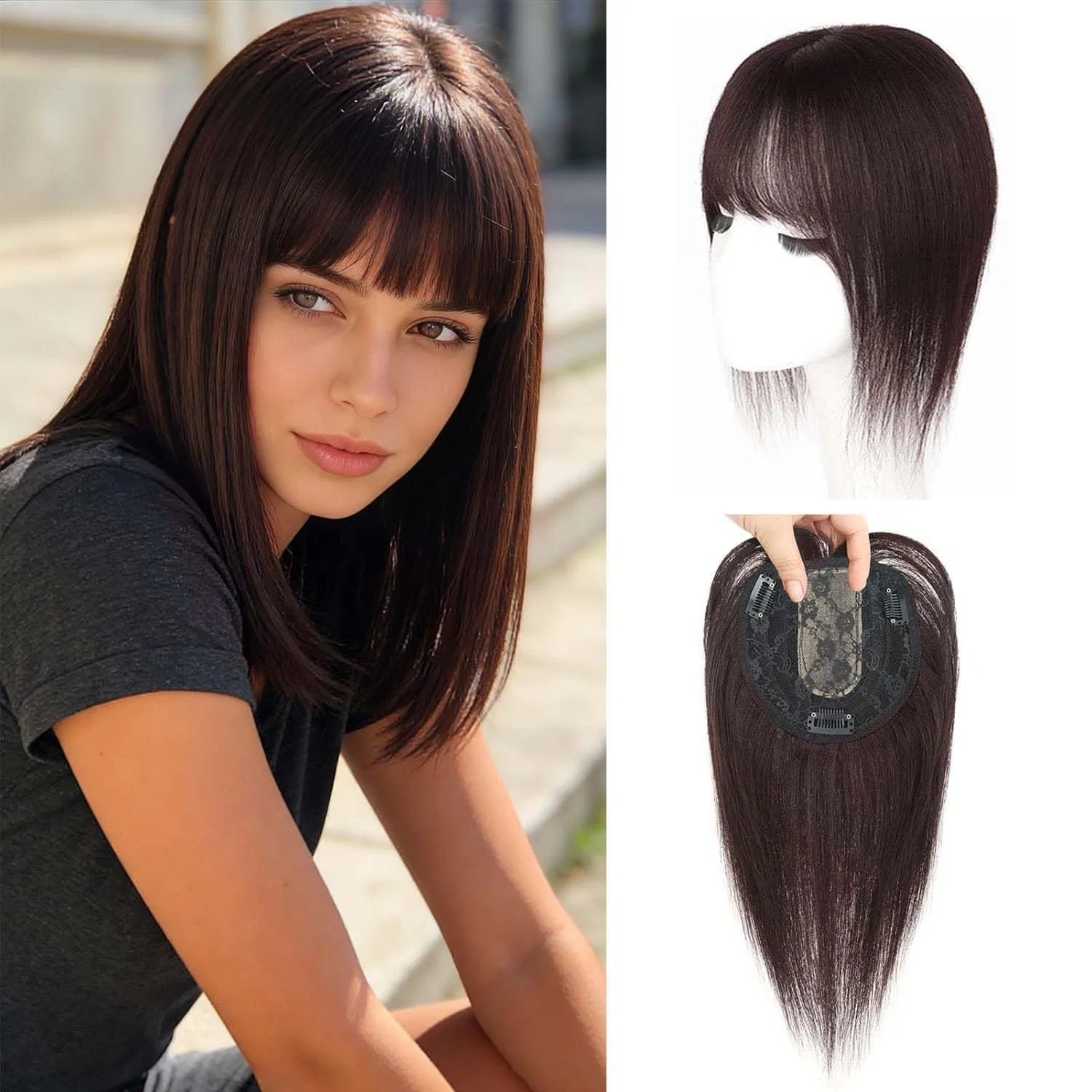 Накладка для волос на шелковой основе с челкой (35.5 см) Eree Hair, Dark Brown