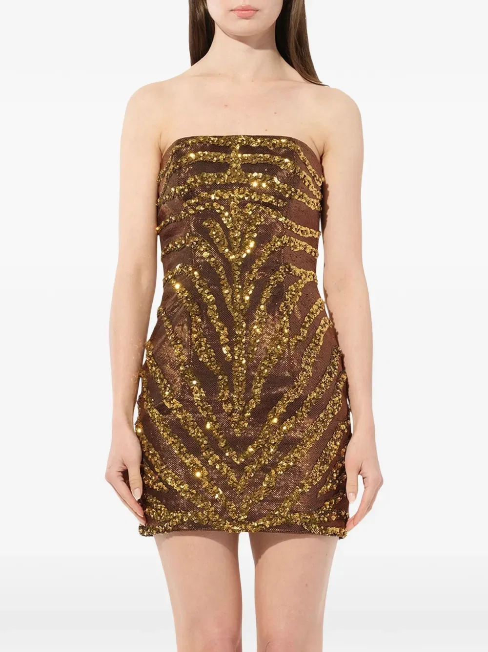 Платье без бретелей, украшенное пайетками Balmain, коричневый