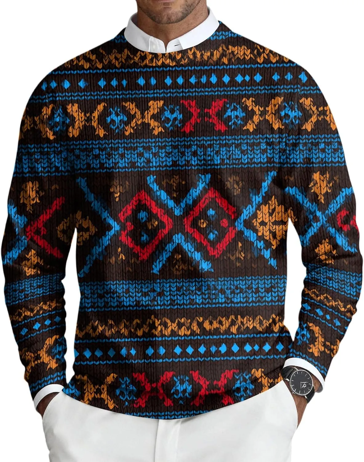 

Рождественский свитер для мужчин Vintage Graphic Holiday Outfit Ribbed Knit Crew Neck Xiaojmake