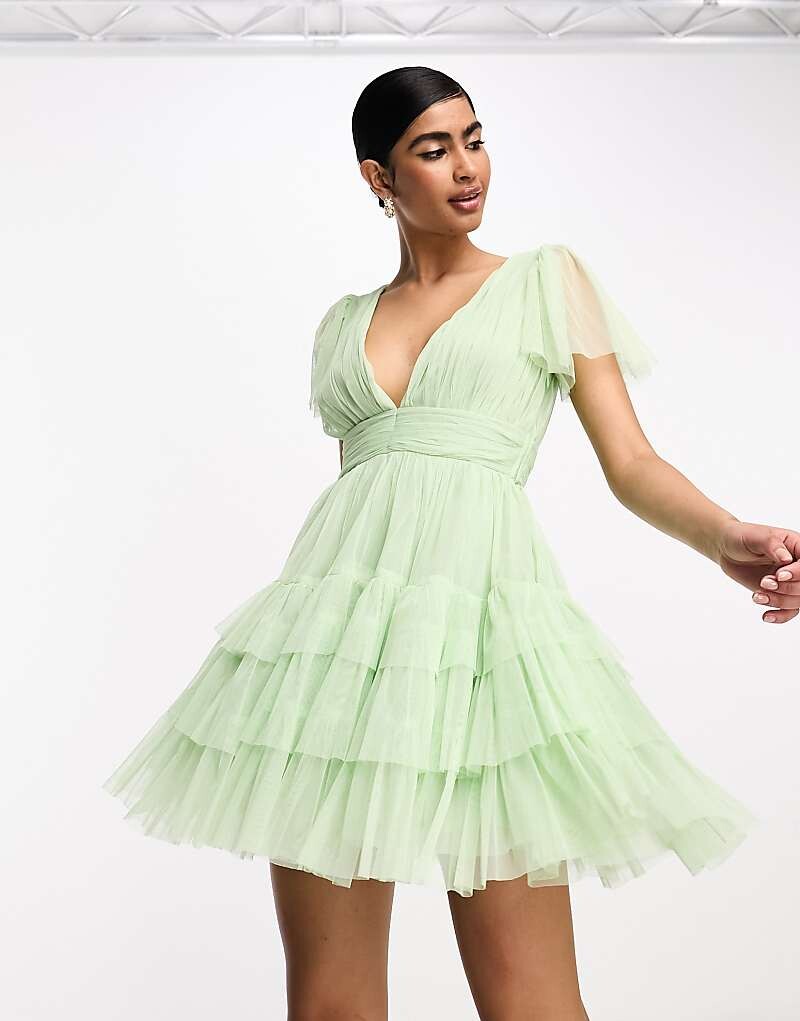 

Платье мини из тюля с v-образным вырезом и кружевом Bridesmaid Madison