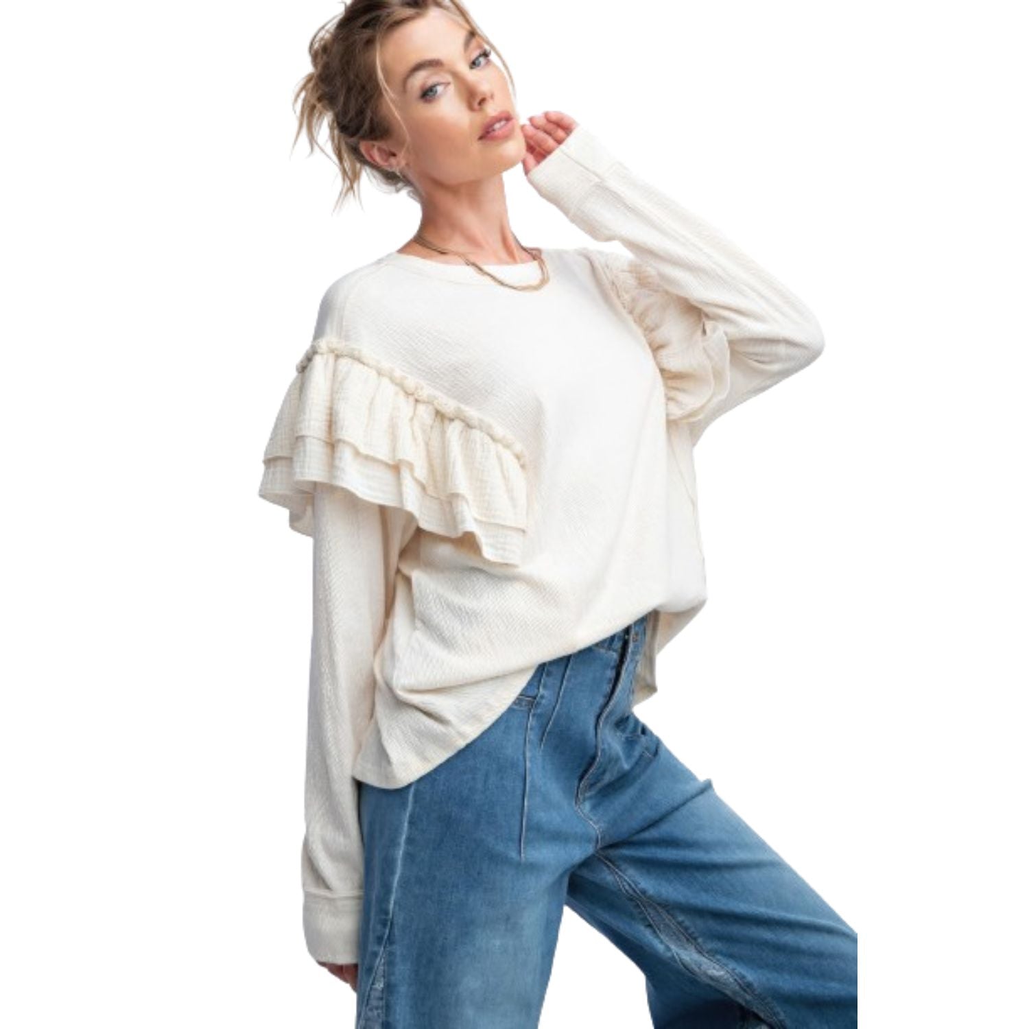 

Топ с двойными рукавами-оборками FASHNZFAB, кремовый