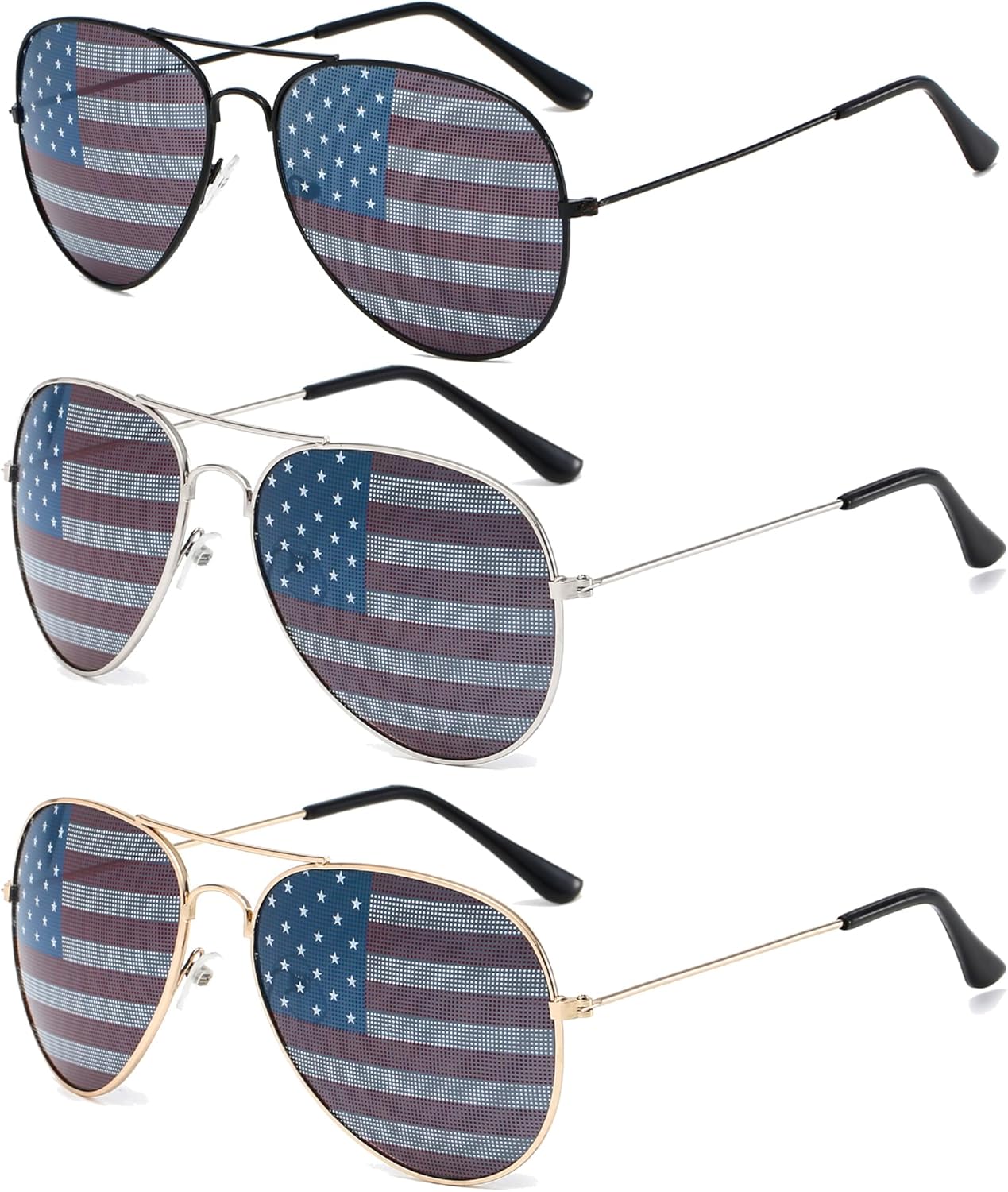 

3 пары очков с американским флагом, зеркальные солнцезащитные очки-авиаторы с флагом США для Дня независимости 4 июля, патриотические, для мужчин и женщин SOHUPAC, Black Silver Gold