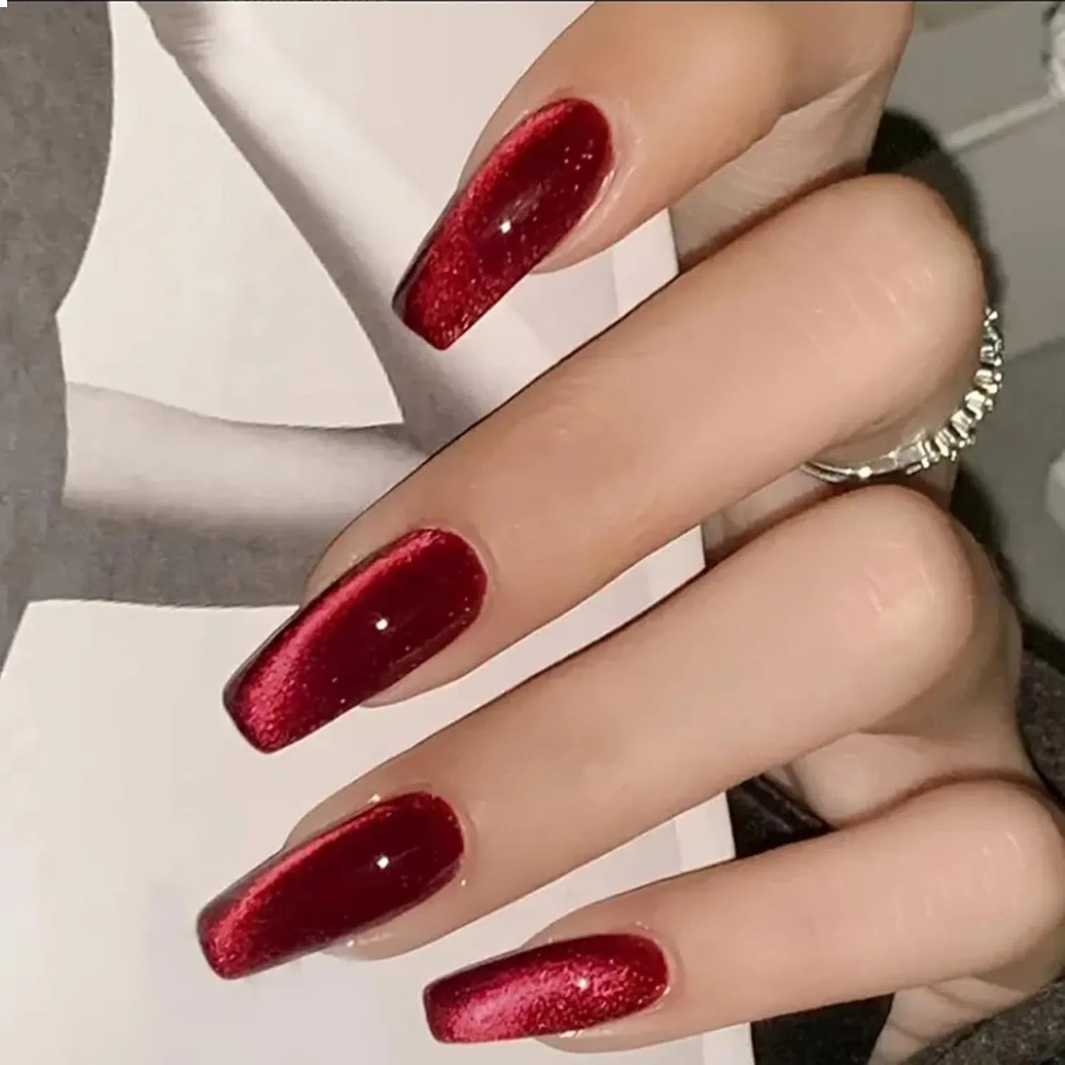 Накладные ногти GlamRays «Кошачий глаз» красные, квадратные, 30 шт. Glamrays