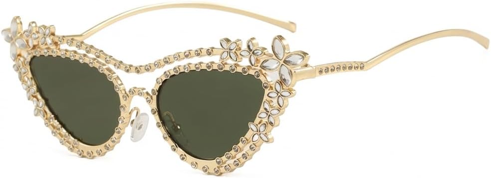 

Женские солнцезащитные очки Melrose «кошачий глаз» со стразами, винтажная оправа с цветочным узором и блестящими кристаллами, металлическая, с защитой от УФ-излучения UV400, идеально подходят для вечеринки, Green