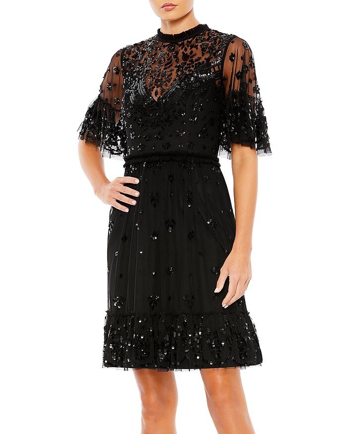 

Мини-платье с высоким воротником и декором Mac Duggal, черный