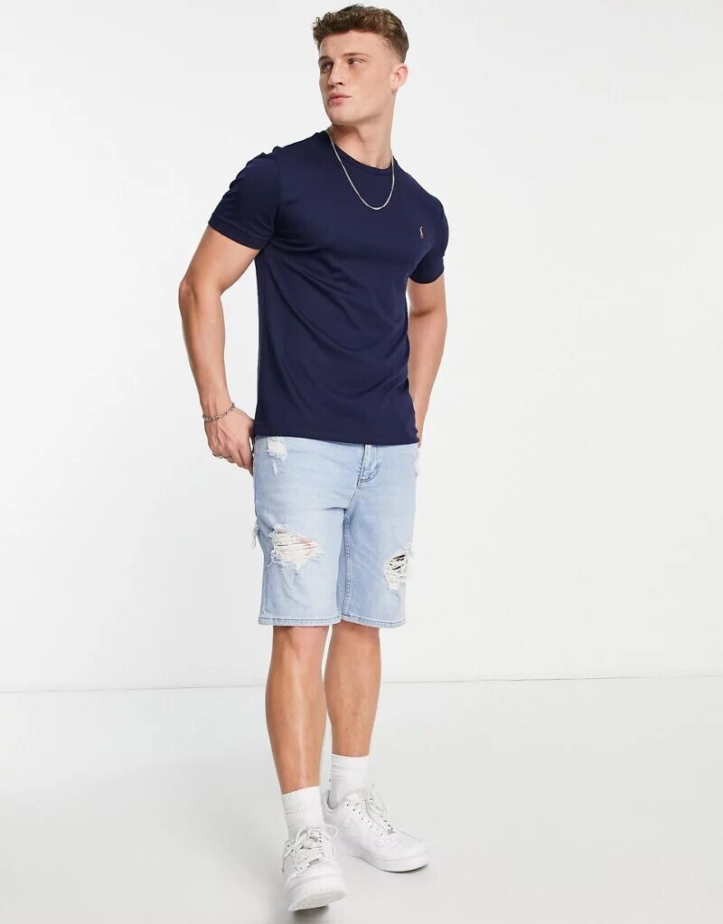 Темно-синяя хлопковая футболка с логотипом Polo Ralph Lauren pima — фото 2