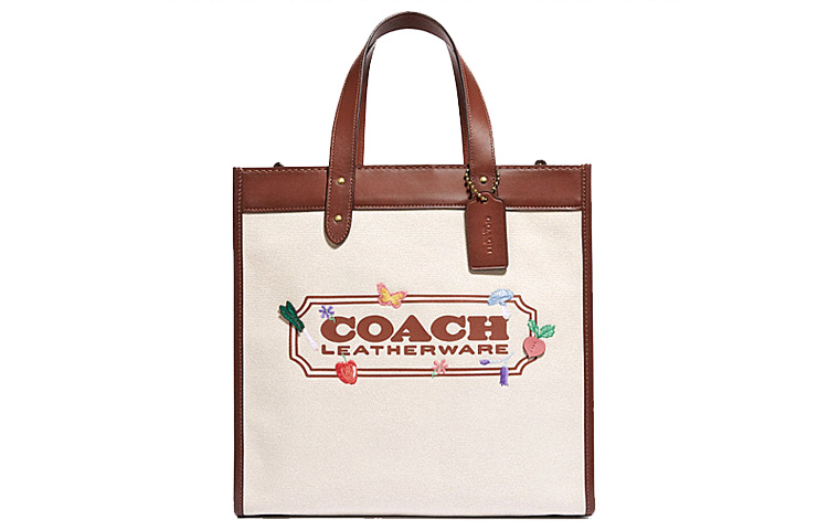 

COACH Сумка-шоппер из коровьей кожи, сумка-тоут, сумка через плечо, женская сумка большого размера, красно-коричневого и экрю цвета
