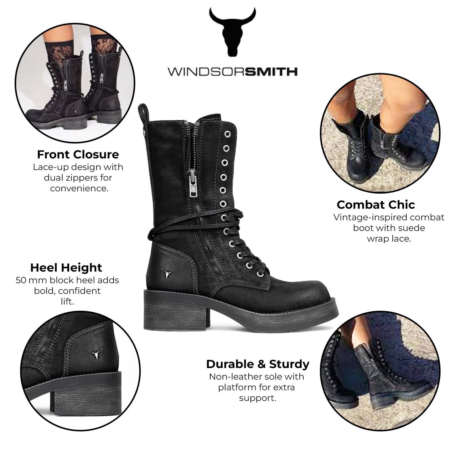 Windsorsmith Женские черные замшевые армейские ботинки до середины икры на шнуровке байкерские туфли - Gather — фото 2