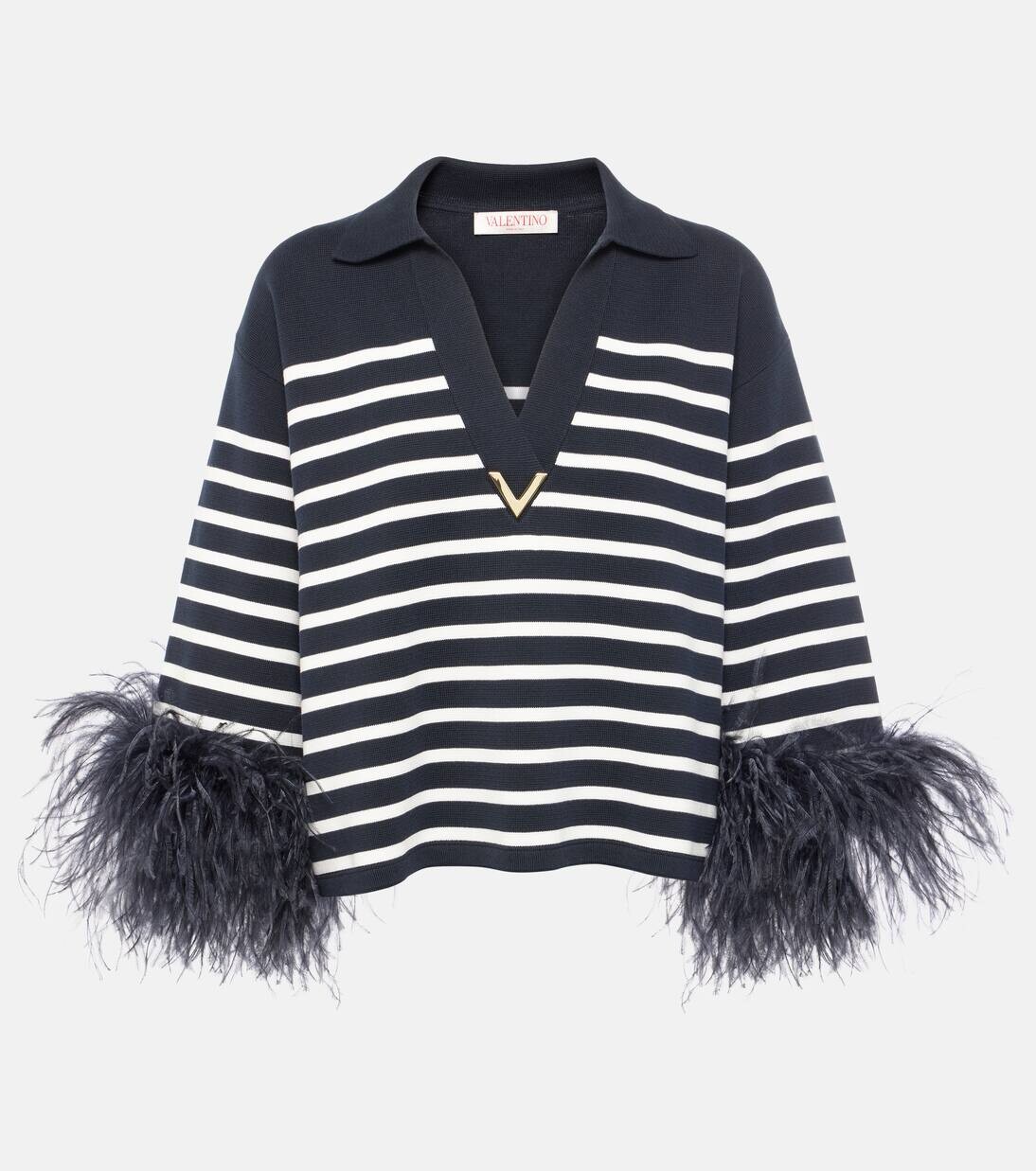 

Хлопковый свитер с отделкой из перьев VGold Valentino, цвет navy/avorio