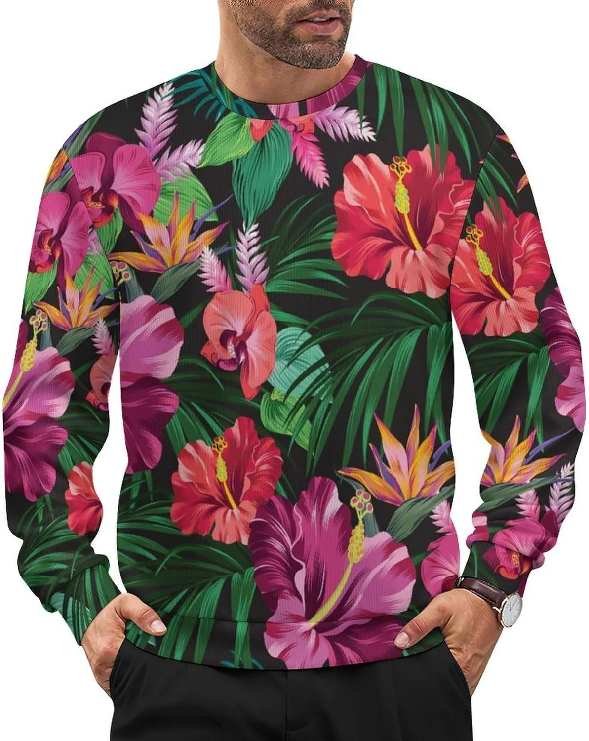 Свитер с принтом тропических листьев, мужской, Crewneck, вязаный, с длинными рукавами
