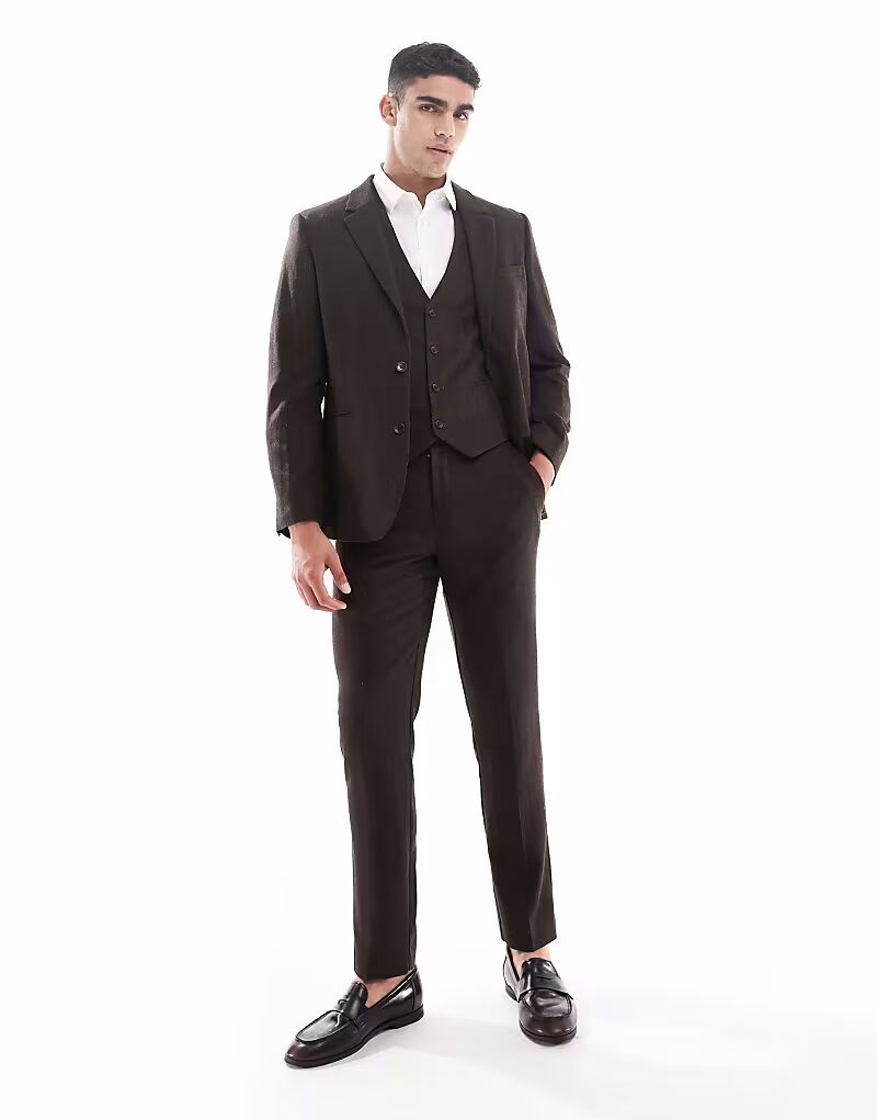 

Узкие брюки из шерстяной ткани коричневого цвета с узором «ёлочка» Asos Design