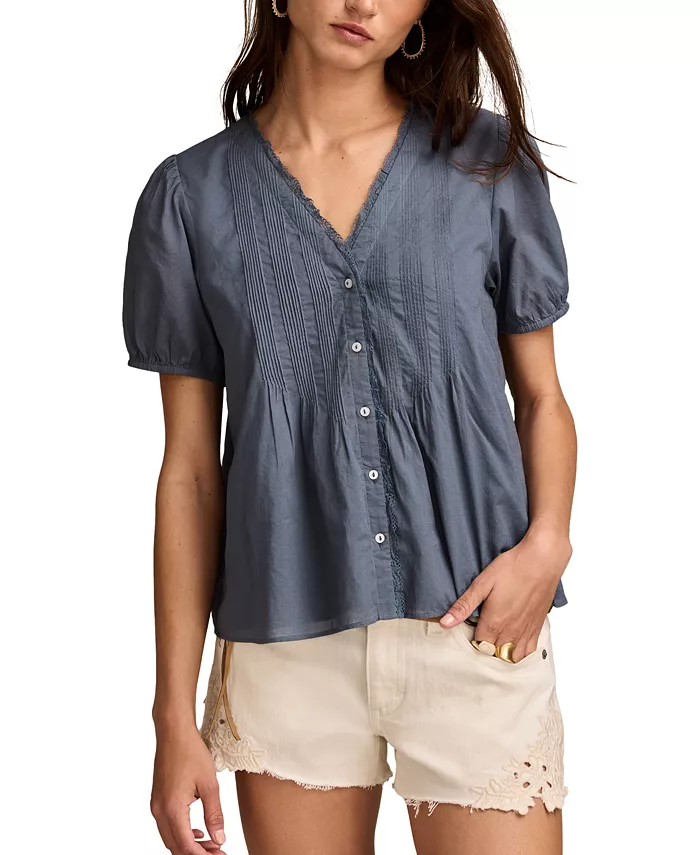 

Женская хлопковая блузка с коротким рукавом и защипами Lucky Brand, синий